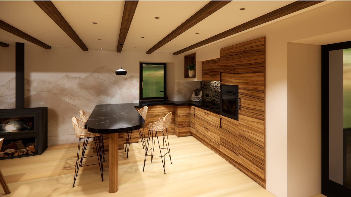 Modélisation 3D cuisine conception d'intérieur Formiguères Pyrénées-Orientales — Atelier Roudoune