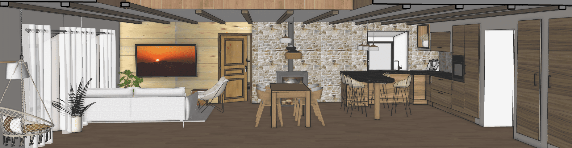Rendu panoramique SketchUp pièce de vie grange rénovée Formiguères — conception d'intérieur Capcir Atelier Roudoune