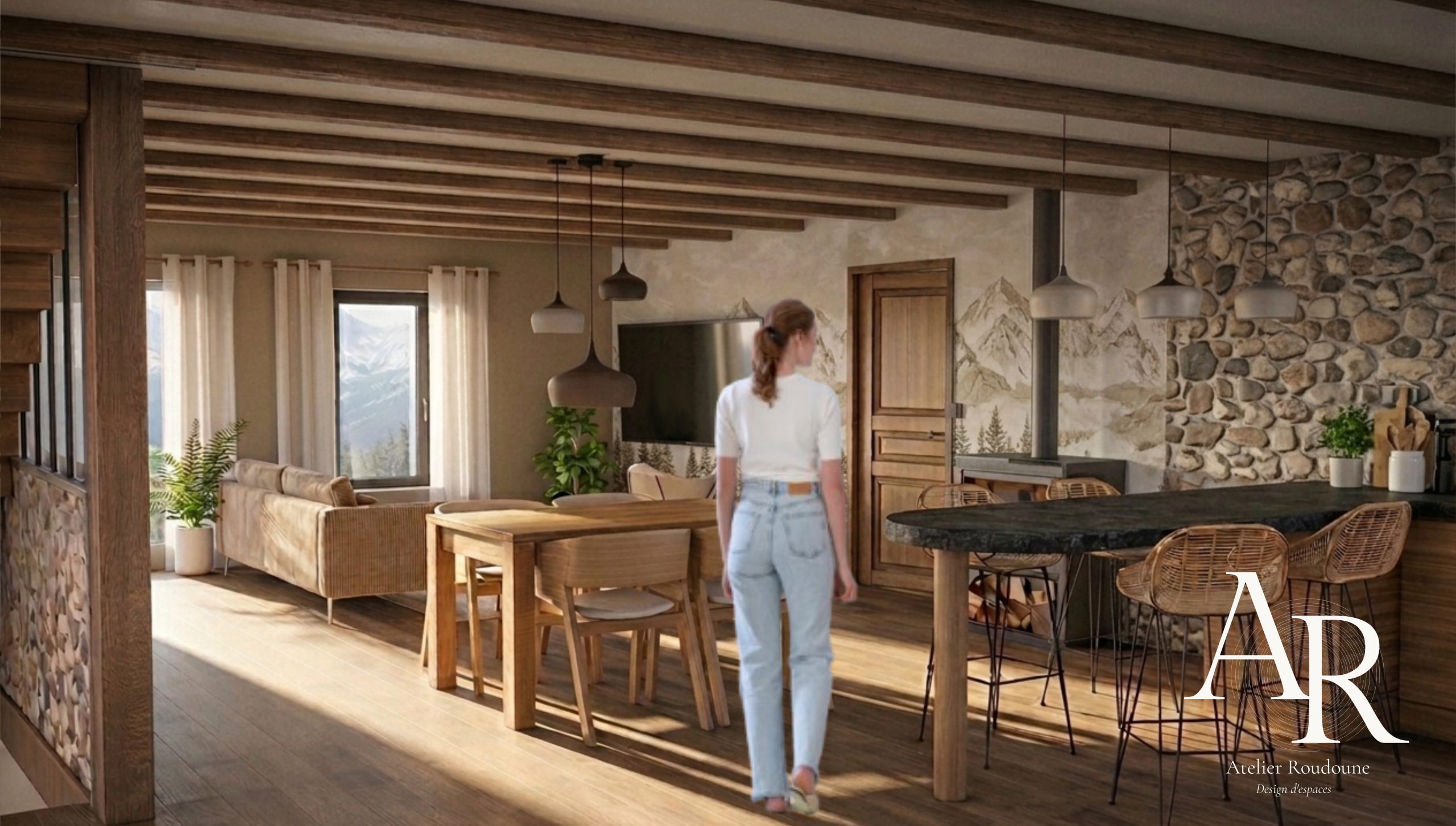 Modélisation 3D grange rénovée Formiguères — Atelier Roudoune, conception d'intérieur Capcir