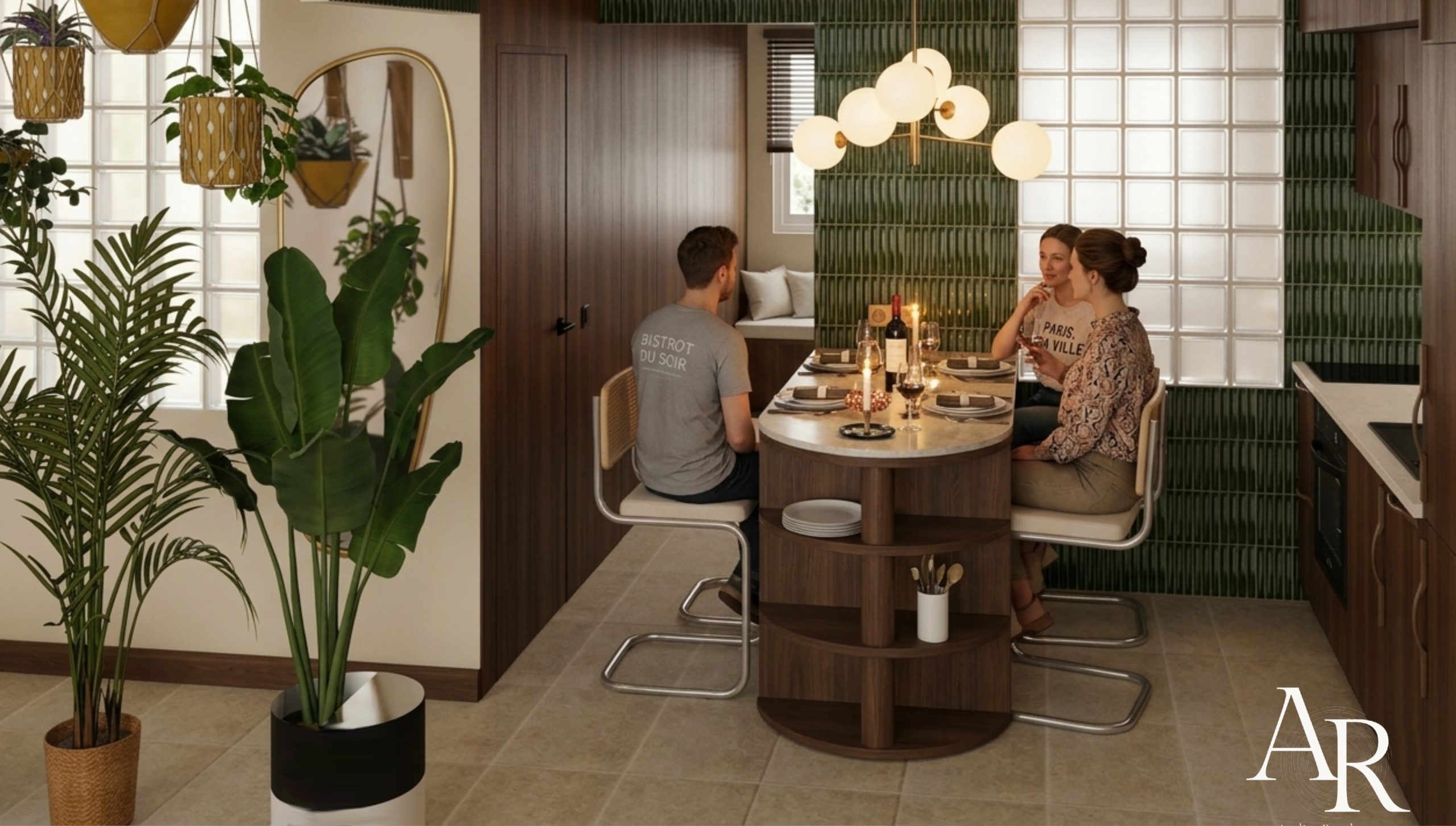 Coin repas cuisine ouverte — rendu photoréaliste SketchUp, conception d'intérieur Paris