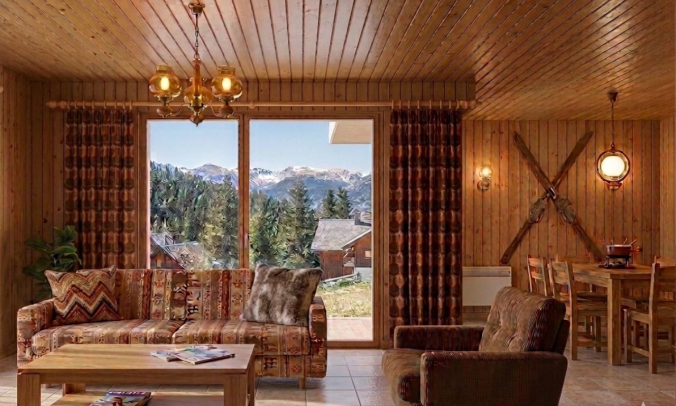 Salon chalet Bolquère avant conseil déco — bois sombre années 80, Cerdagne Pyrénées-Orientales