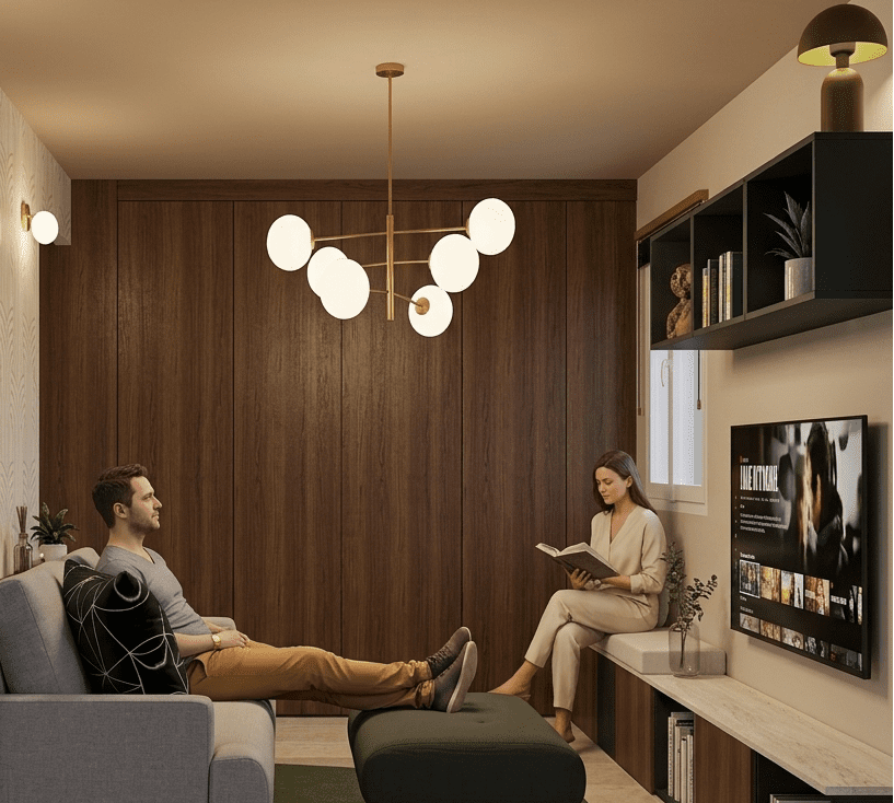 Salon avec mur en bois et carreaux de verre — projet Riquet EDAI Atelier Roudoune