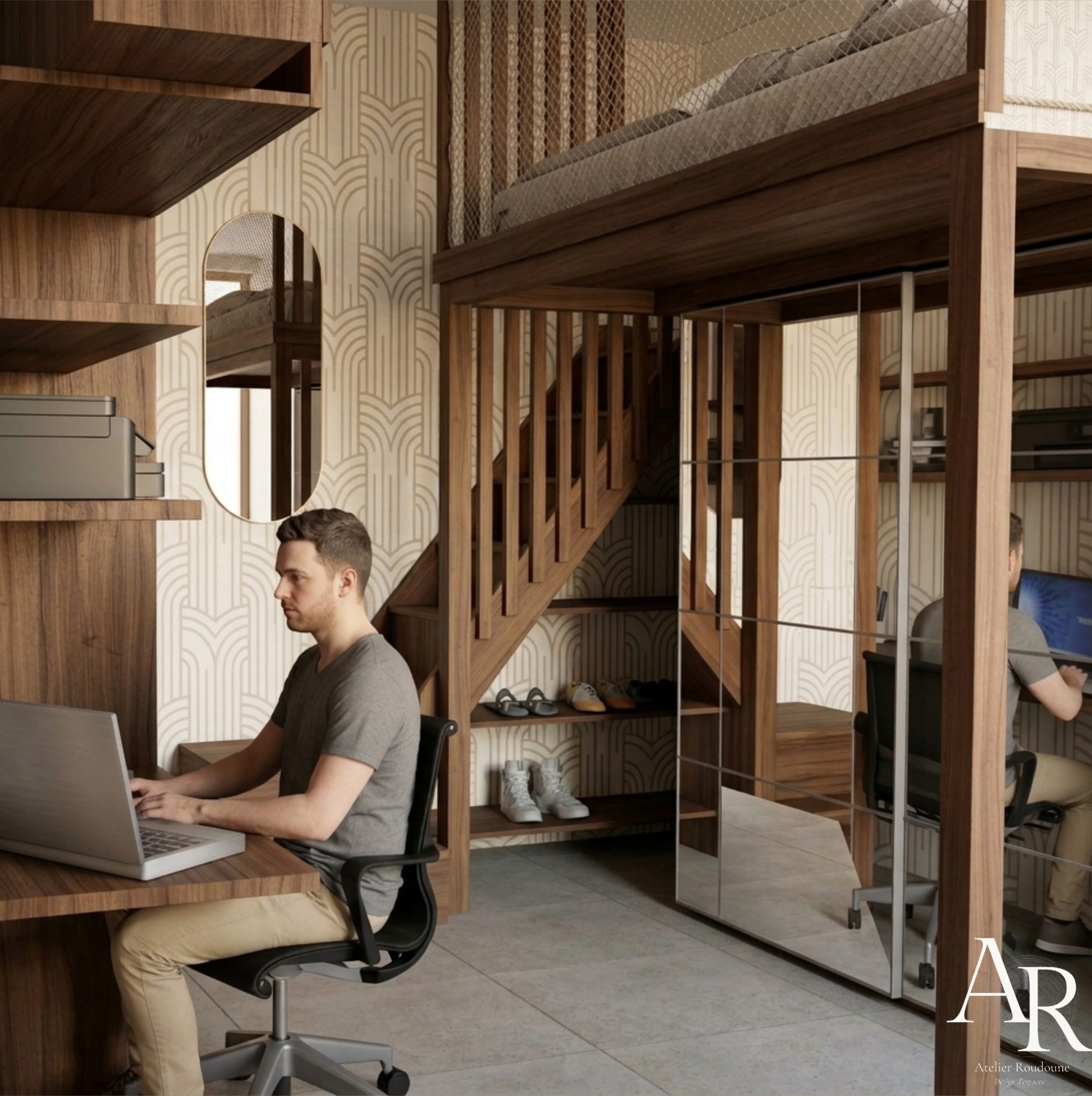 Espace bureau mezzanine sur mesure — conception d'intérieur appartement compact Paris