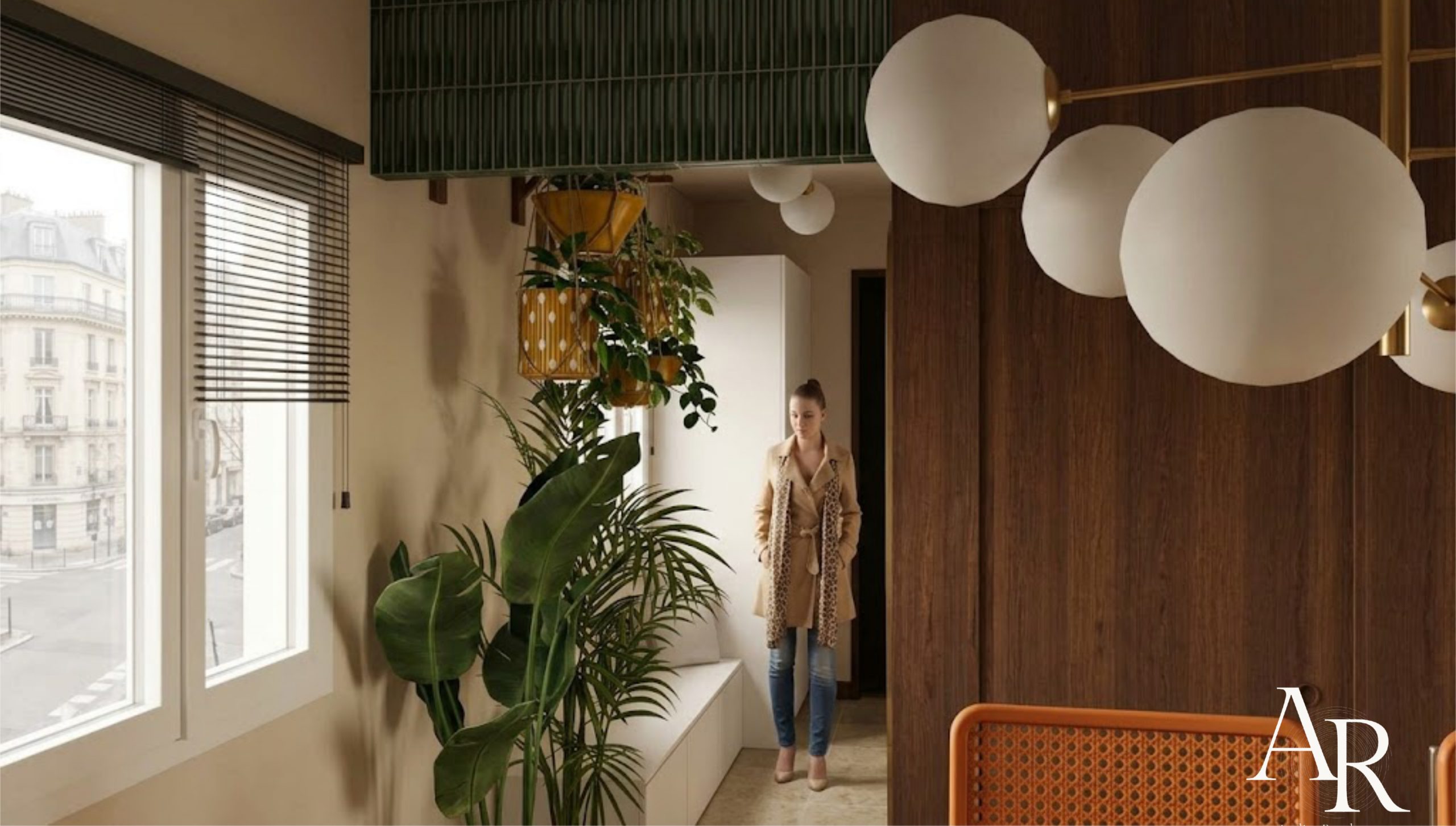 Entrée appartement avec végétation — rendu photoréaliste SketchUp, projet EDAI Atelier Roudoune